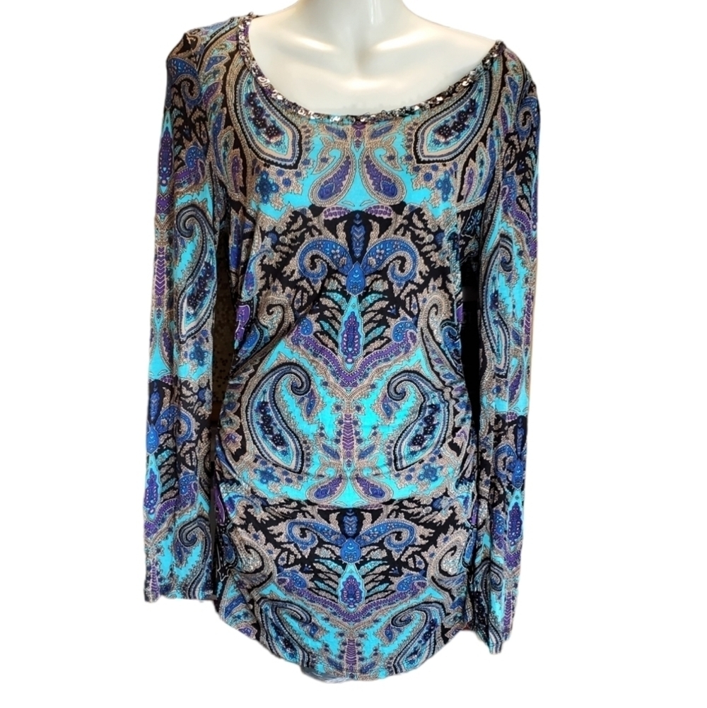 INC paisley jersey tunic beads and sequins M